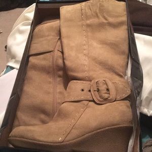 Size 10 Suede Beige Calf Wedge Boots. Never Used!